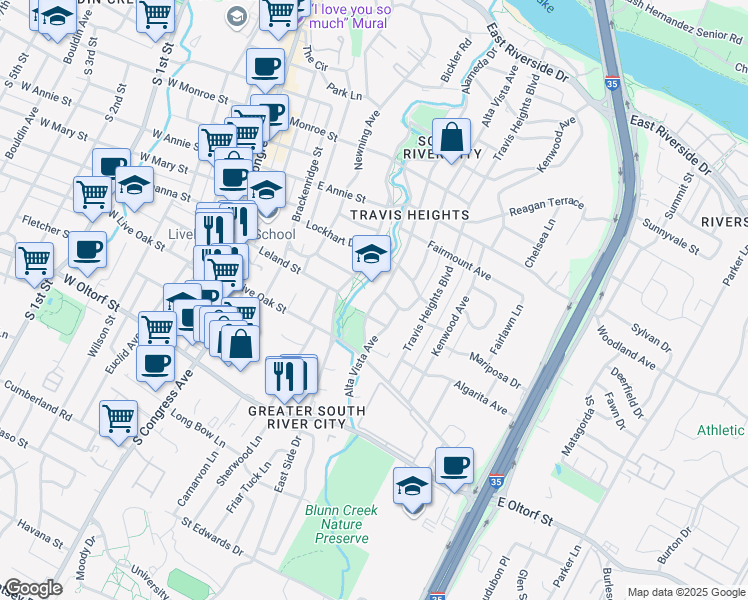 map of restaurants, bars, coffee shops, grocery stores, and more near 2010 Alameda Drive in Austin