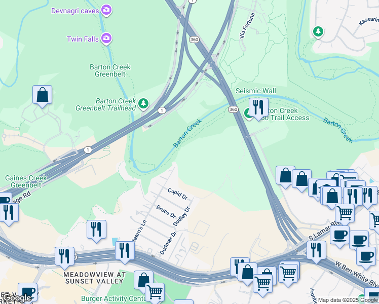 map of restaurants, bars, coffee shops, grocery stores, and more near 4307 Stearn's Lane in Austin