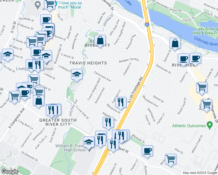 map of restaurants, bars, coffee shops, grocery stores, and more near 1304 Mariposa Drive in Austin