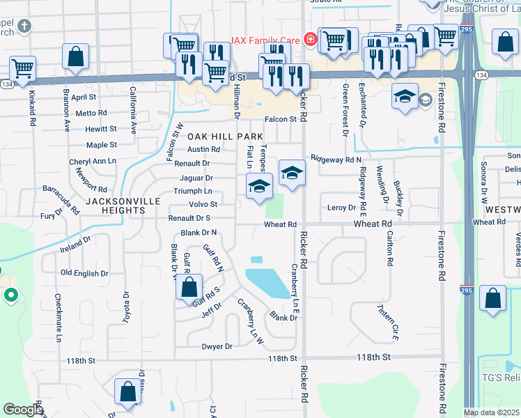 map of restaurants, bars, coffee shops, grocery stores, and more near 7750 South Tempest Street in Jacksonville