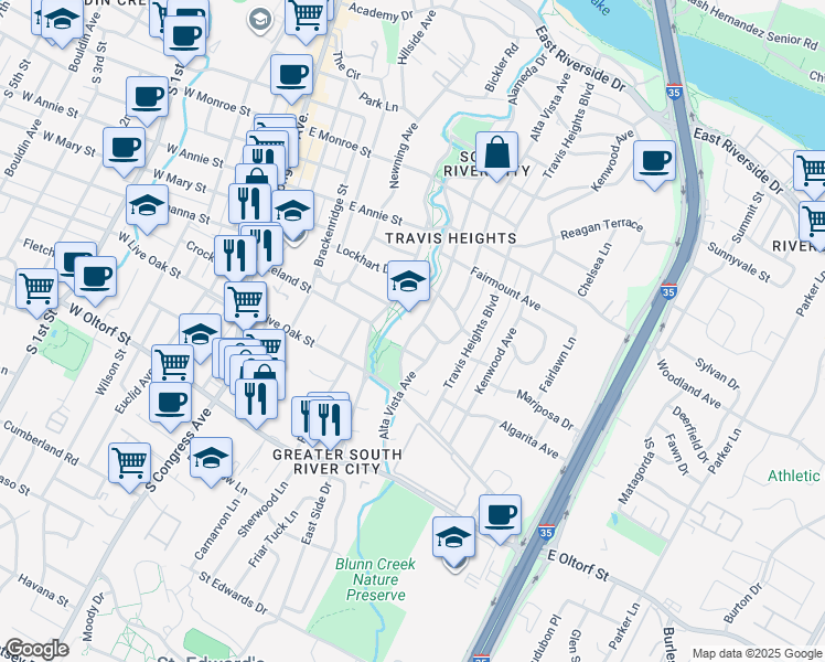 map of restaurants, bars, coffee shops, grocery stores, and more near 2010 Alameda Drive in Austin