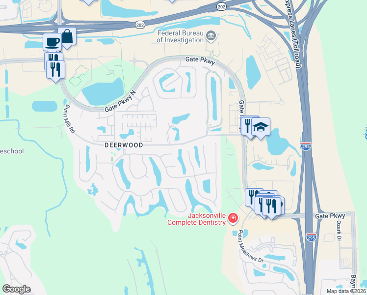 map of restaurants, bars, coffee shops, grocery stores, and more near 7604 Chipwood Lane in Jacksonville