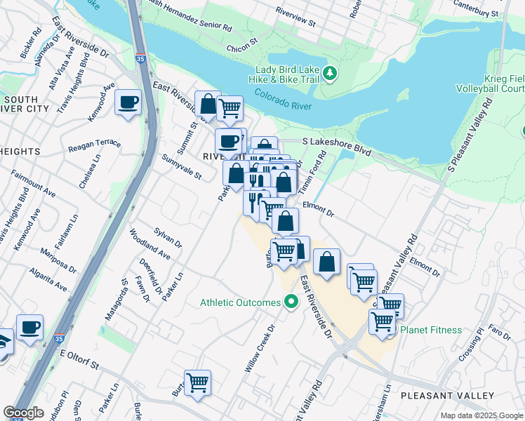map of restaurants, bars, coffee shops, grocery stores, and more near 1510 Town Creek Drive in Austin