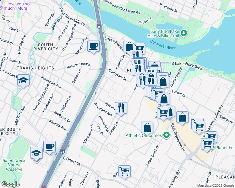 map of restaurants, bars, coffee shops, grocery stores, and more near 1511 Oak Heights Drive in Austin