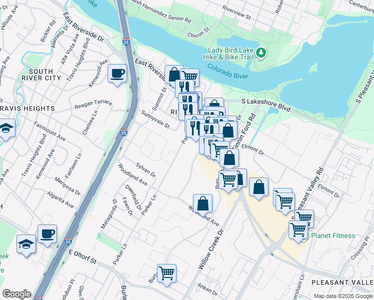 map of restaurants, bars, coffee shops, grocery stores, and more near 1402 Parker Lane in Austin