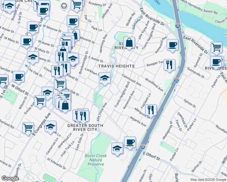 map of restaurants, bars, coffee shops, grocery stores, and more near 901 Mariposa Drive in Austin
