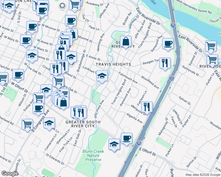 map of restaurants, bars, coffee shops, grocery stores, and more near 901 Mariposa Drive in Austin