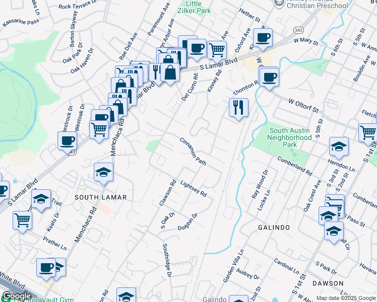 map of restaurants, bars, coffee shops, grocery stores, and more near 1707 Cinnamon Path in Austin