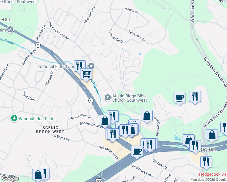 map of restaurants, bars, coffee shops, grocery stores, and more near 7413 Old Bee Caves Road in Austin