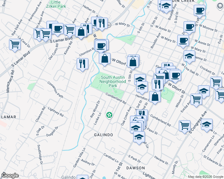 map of restaurants, bars, coffee shops, grocery stores, and more near 1000 Cumberland Road in Austin
