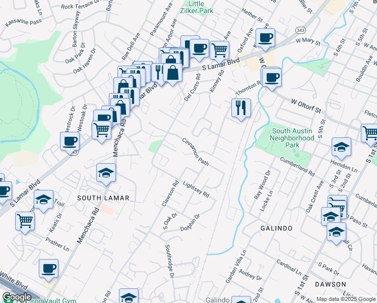 map of restaurants, bars, coffee shops, grocery stores, and more near 1707 Cinnamon Path in Austin