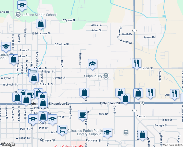 map of restaurants, bars, coffee shops, grocery stores, and more near 1201 East Burton Street in Sulphur