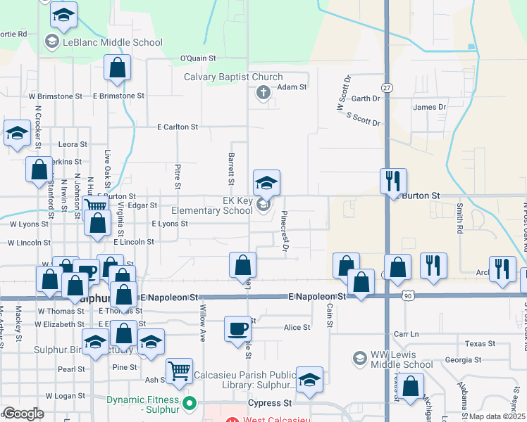 map of restaurants, bars, coffee shops, grocery stores, and more near 1201 East Burton Street in Sulphur