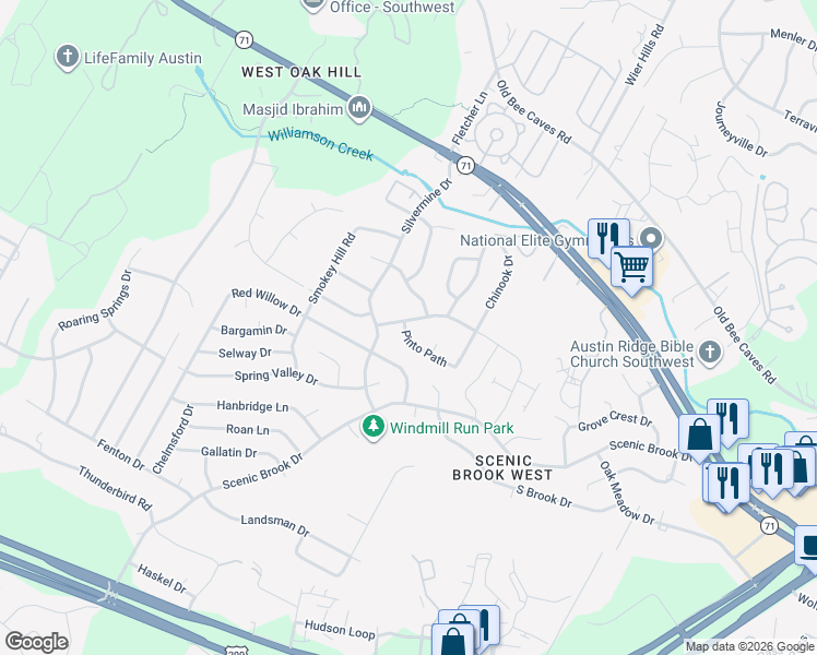 map of restaurants, bars, coffee shops, grocery stores, and more near 8110 Pinto Path in Austin
