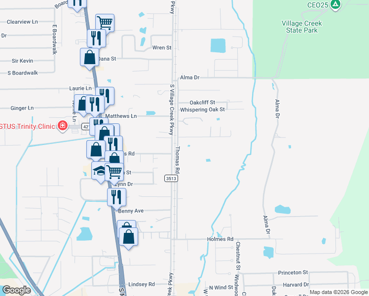 map of restaurants, bars, coffee shops, grocery stores, and more near 213 Thomas Road in Lumberton