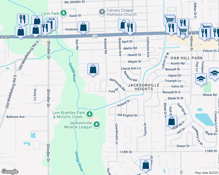 map of restaurants, bars, coffee shops, grocery stores, and more near 8362 Kinkaid Court in Jacksonville