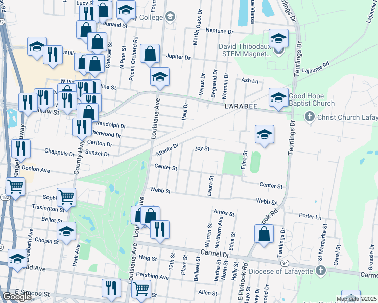 map of restaurants, bars, coffee shops, grocery stores, and more near 240 Oklahoma Street in Lafayette