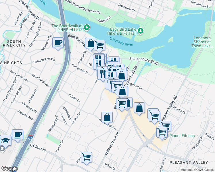 map of restaurants, bars, coffee shops, grocery stores, and more near 1919 East Riverside Drive in Austin