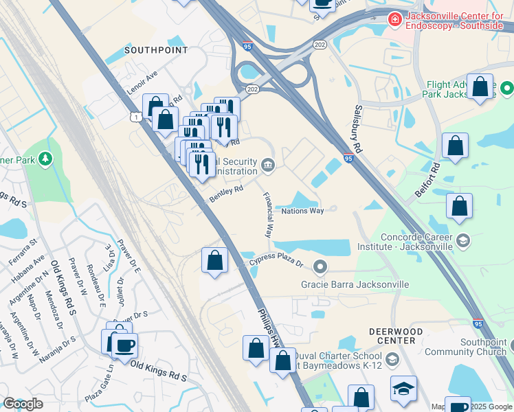 map of restaurants, bars, coffee shops, grocery stores, and more near 7220 Financial Way in Jacksonville