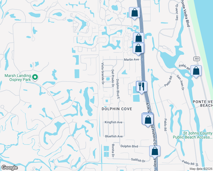 map of restaurants, bars, coffee shops, grocery stores, and more near 180 El Dorado Way in Ponte Vedra Beach