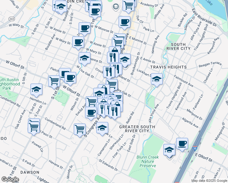 map of restaurants, bars, coffee shops, grocery stores, and more near 2201 College Avenue in Austin
