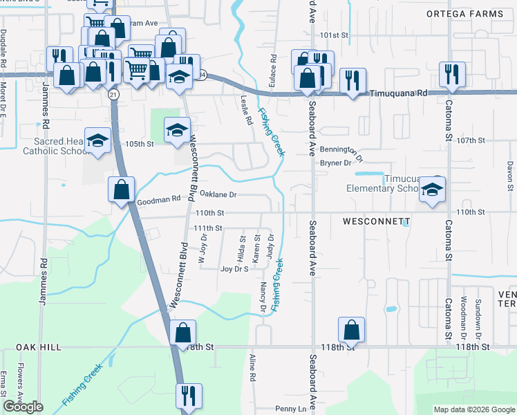 map of restaurants, bars, coffee shops, grocery stores, and more near 5812 Oaklane Drive in Jacksonville