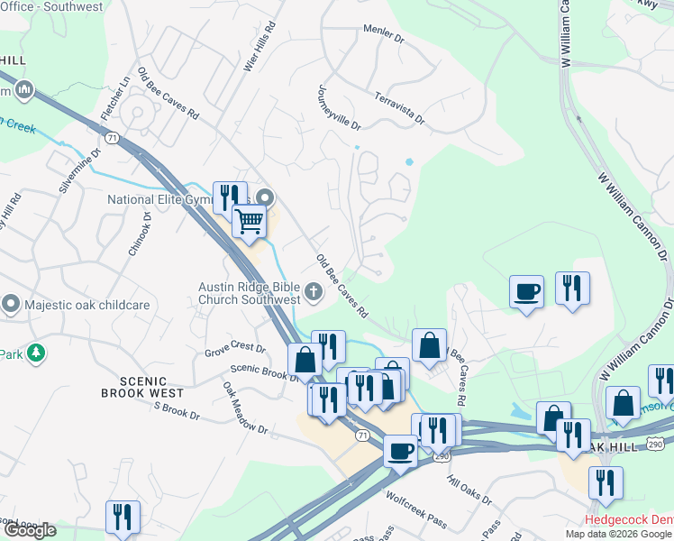 map of restaurants, bars, coffee shops, grocery stores, and more near 6504 Steep Cactus Trail in Austin