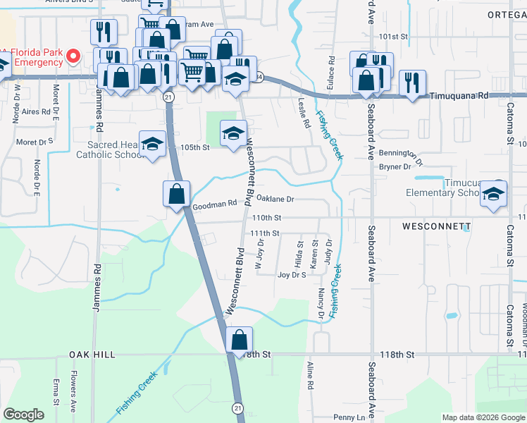 map of restaurants, bars, coffee shops, grocery stores, and more near 5927 Wesconnett Boulevard in Jacksonville