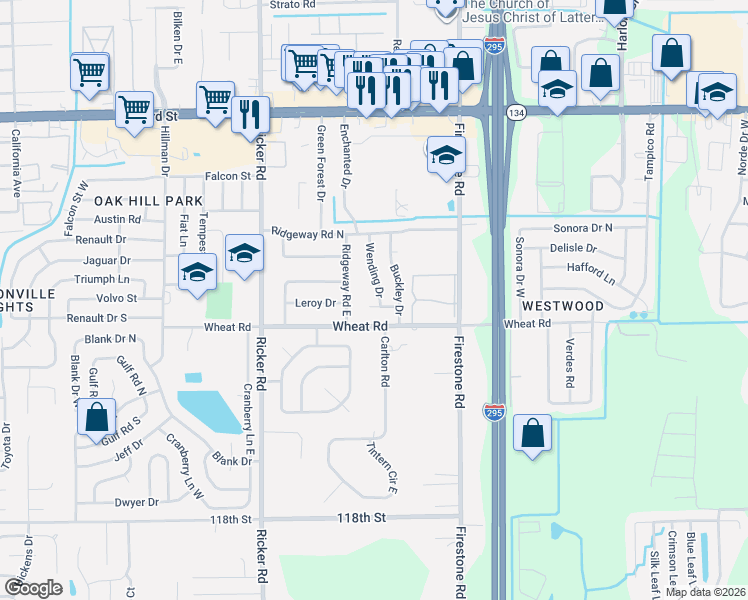 map of restaurants, bars, coffee shops, grocery stores, and more near 5936 Wending Drive in Jacksonville