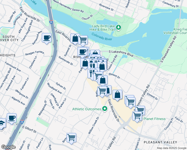map of restaurants, bars, coffee shops, grocery stores, and more near 1510 Town Creek Drive in Austin