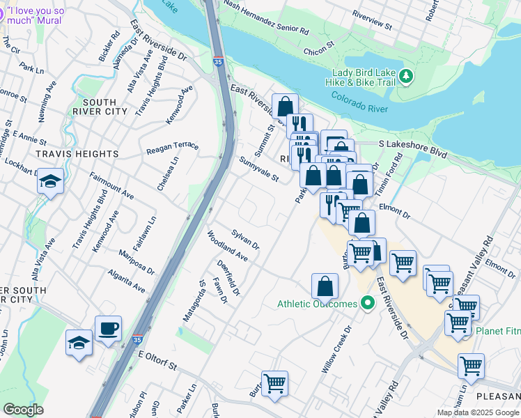 map of restaurants, bars, coffee shops, grocery stores, and more near 1703 Elmhurst Drive in Austin