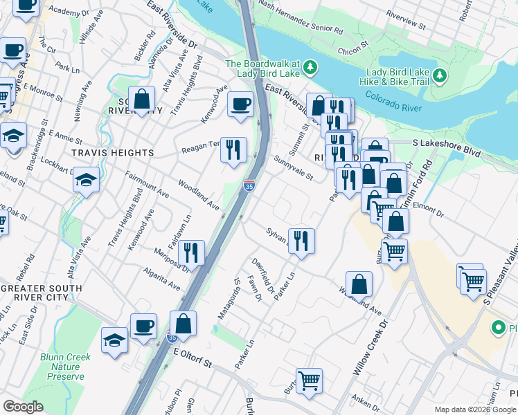 map of restaurants, bars, coffee shops, grocery stores, and more near 1601 South Interstate 35 Frontage Road in Austin