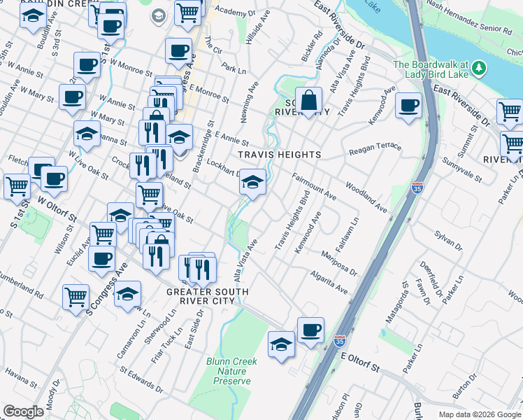 map of restaurants, bars, coffee shops, grocery stores, and more near 2010 Alameda Drive in Austin