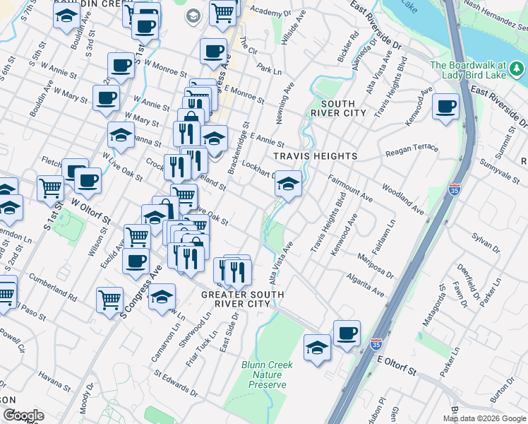 map of restaurants, bars, coffee shops, grocery stores, and more near 516 Leland Street in Austin