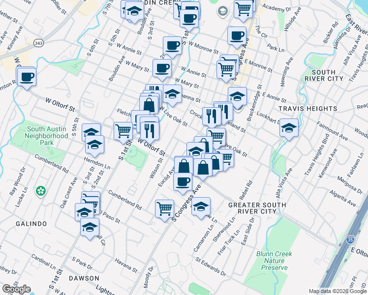 map of restaurants, bars, coffee shops, grocery stores, and more near 2300 Euclid Avenue in Austin