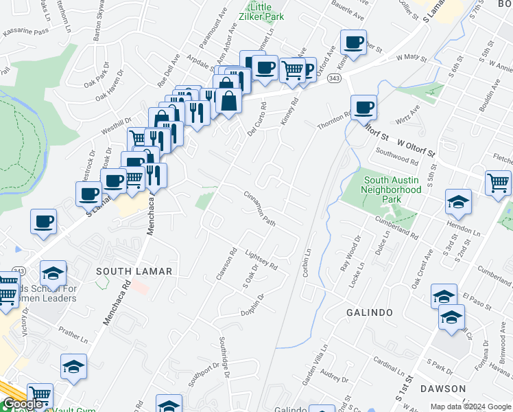 map of restaurants, bars, coffee shops, grocery stores, and more near 1707 Cinnamon Path in Austin