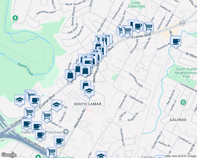 map of restaurants, bars, coffee shops, grocery stores, and more near 3003 Menchaca Road in Austin