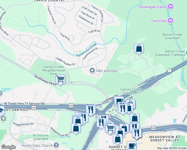 map of restaurants, bars, coffee shops, grocery stores, and more near 4831 Canyonbend Circle in Austin
