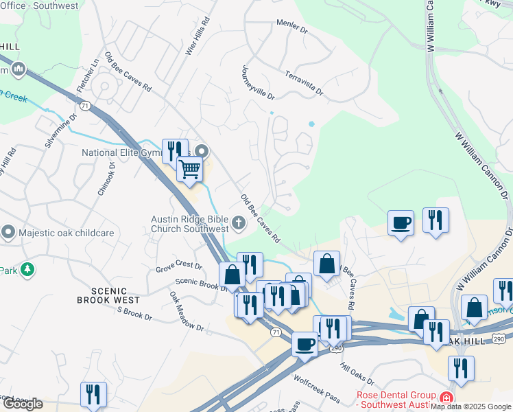 map of restaurants, bars, coffee shops, grocery stores, and more near 6504 Steep Cactus Trail in Austin