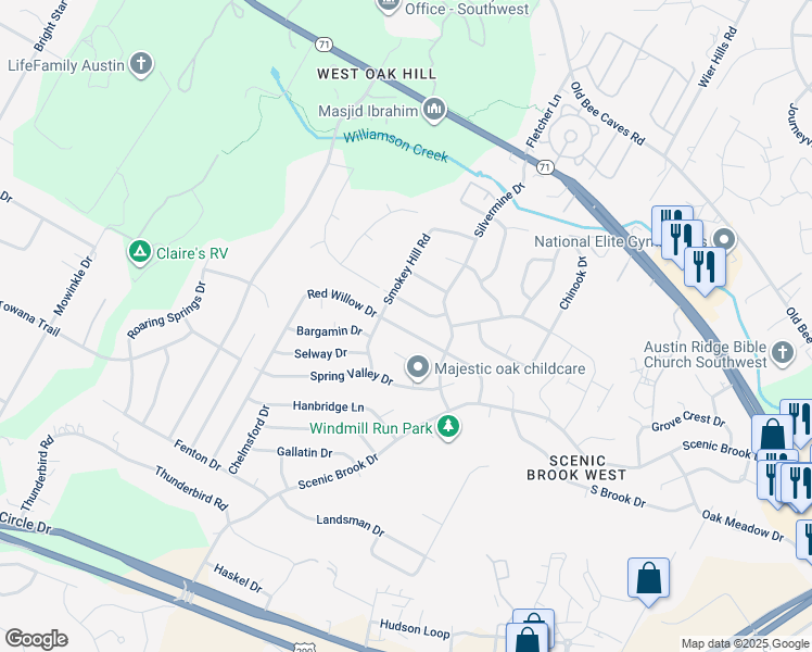 map of restaurants, bars, coffee shops, grocery stores, and more near 8304 Red Willow Drive in Austin