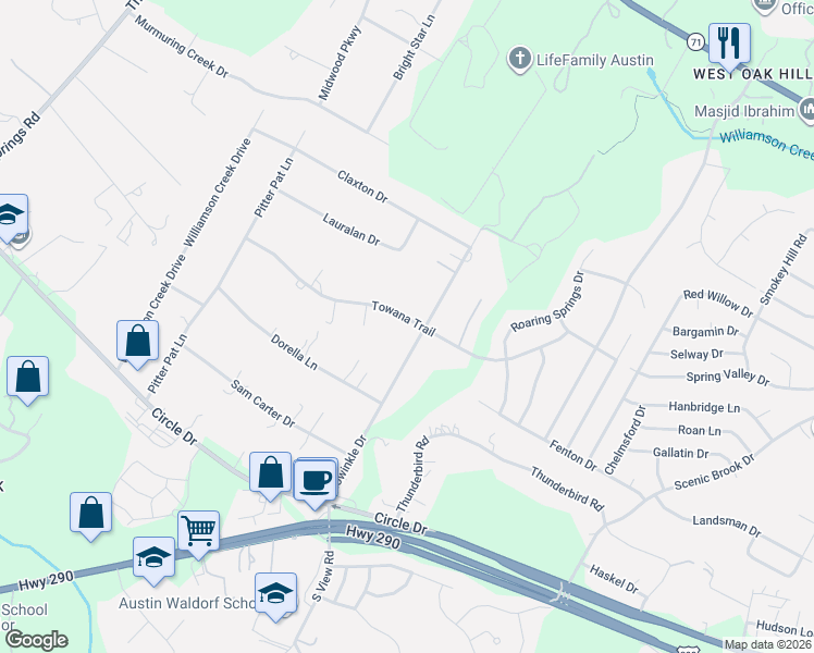 map of restaurants, bars, coffee shops, grocery stores, and more near 7800 Mowinkle Drive in Austin