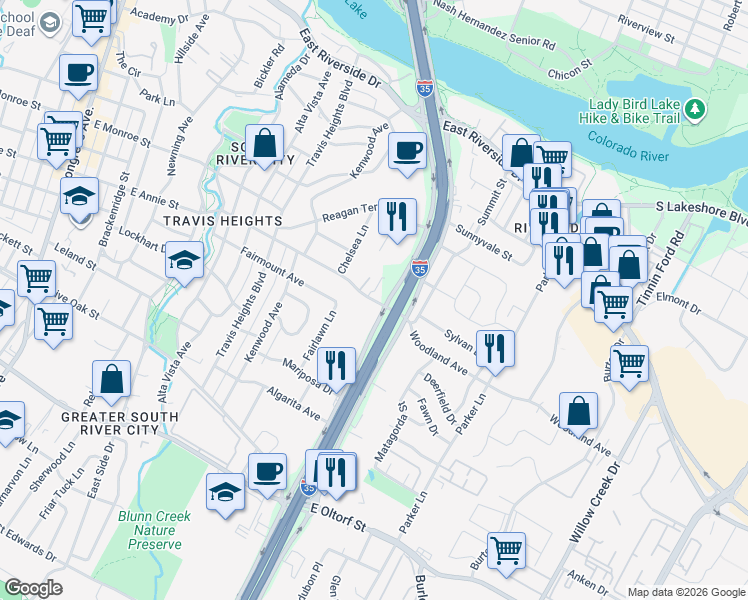 map of restaurants, bars, coffee shops, grocery stores, and more near 1824 South Interstate 35 Frontage Road in Austin