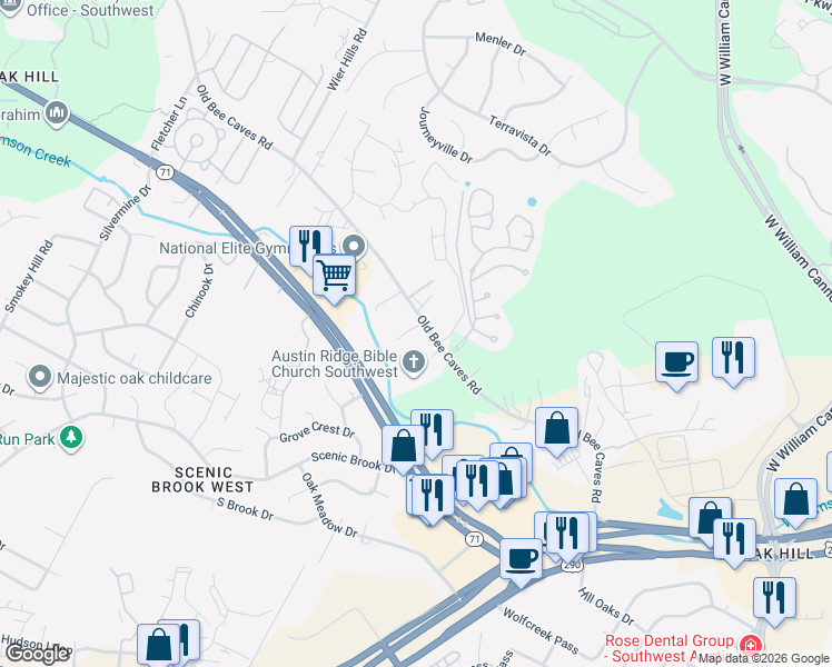 map of restaurants, bars, coffee shops, grocery stores, and more near 7413 Old Bee Caves Road in Austin