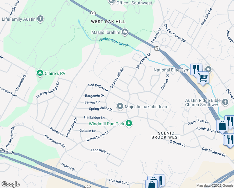 map of restaurants, bars, coffee shops, grocery stores, and more near 8304 Red Willow Drive in Austin