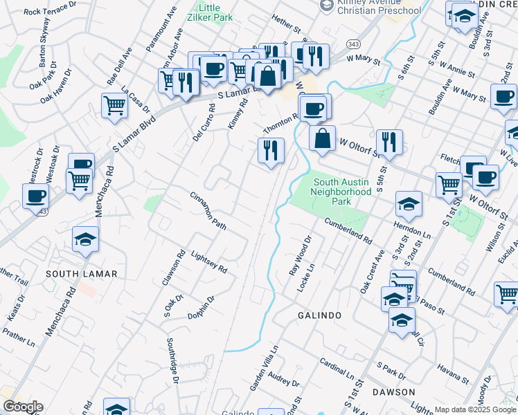 map of restaurants, bars, coffee shops, grocery stores, and more near 1401 Bridgeway Drive in Austin