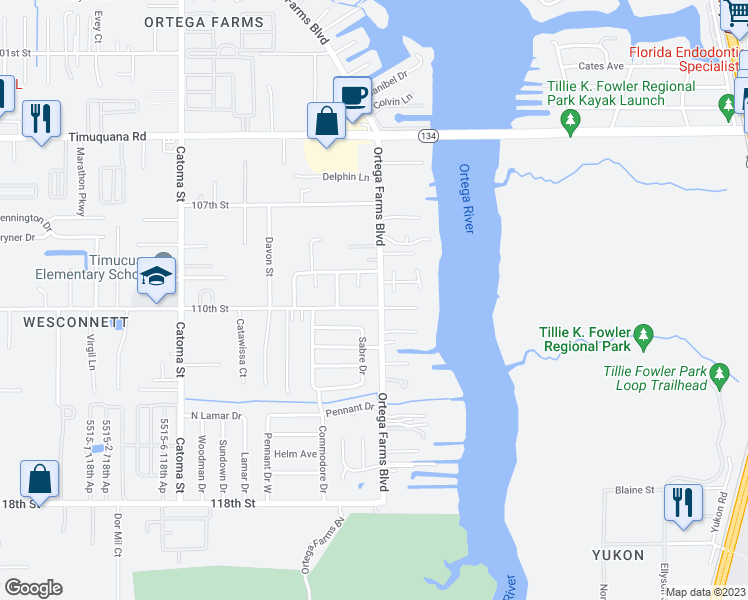 map of restaurants, bars, coffee shops, grocery stores, and more near 5950 Ortega Farms Boulevard in Jacksonville