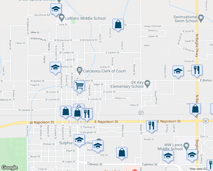 map of restaurants, bars, coffee shops, grocery stores, and more near 603 Edgar Street in Sulphur