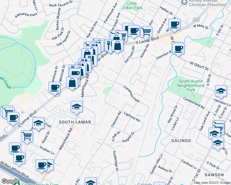 map of restaurants, bars, coffee shops, grocery stores, and more near 2807 Del Curto Road in Austin