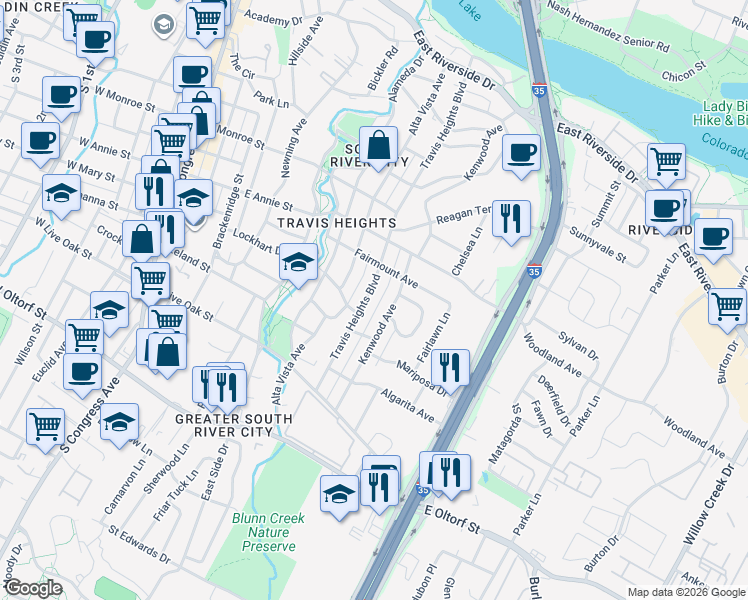 map of restaurants, bars, coffee shops, grocery stores, and more near 1815 Travis Heights Boulevard in Austin