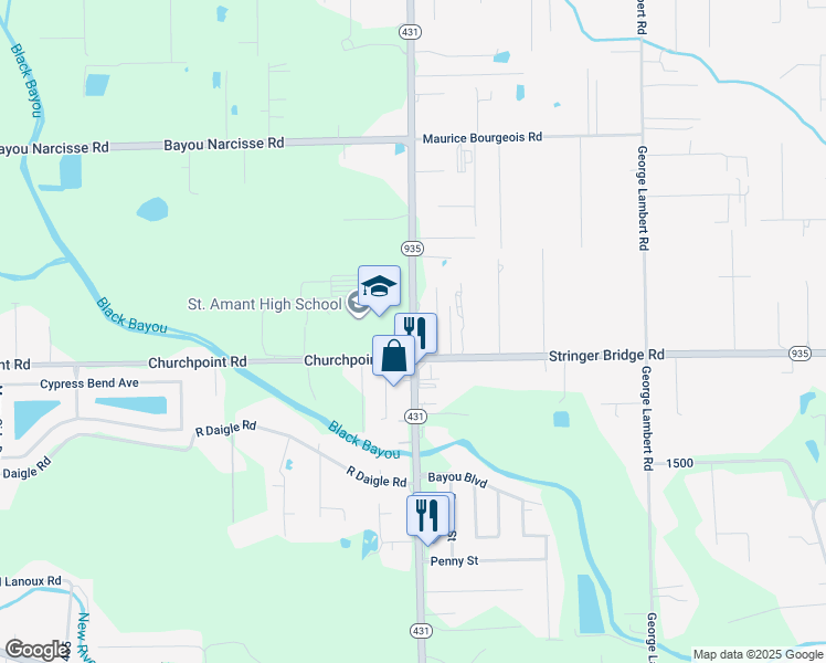 map of restaurants, bars, coffee shops, grocery stores, and more near 12035 Louisiana 431 in Saint Amant